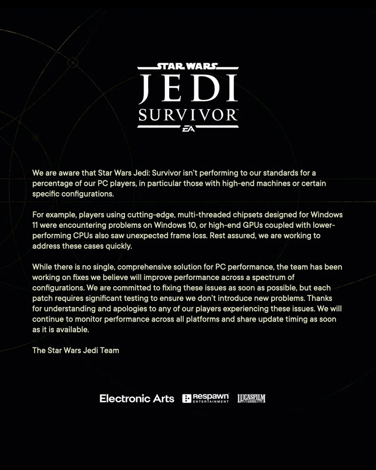 Star Wars Jedi: Survivor arranca, gli sviluppatori si attivano per sistemarlo 